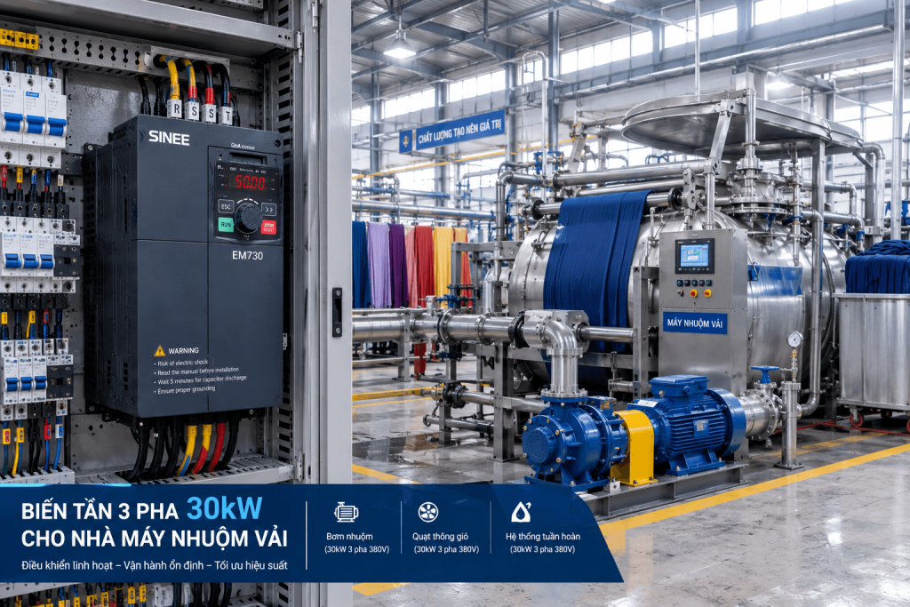 Biến Tần 3 Pha 30kW Trong Nhà Máy Nhuộm Vải